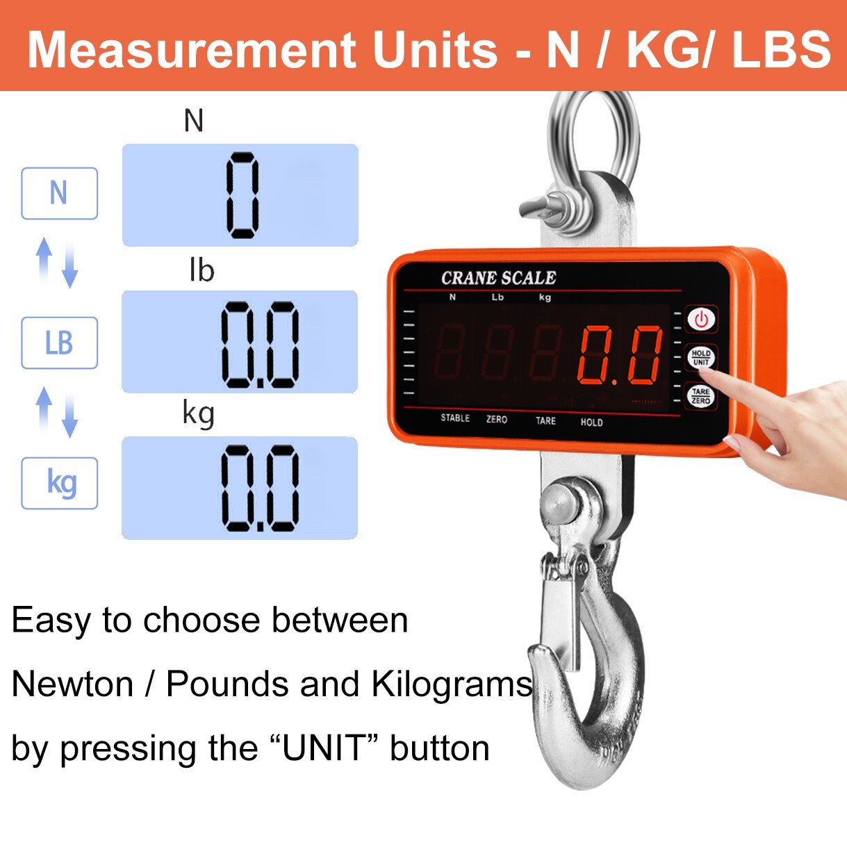 2200lbs/1000kgs Digital Hanging Scale Industrial Heavy Duty Crane Tare Function