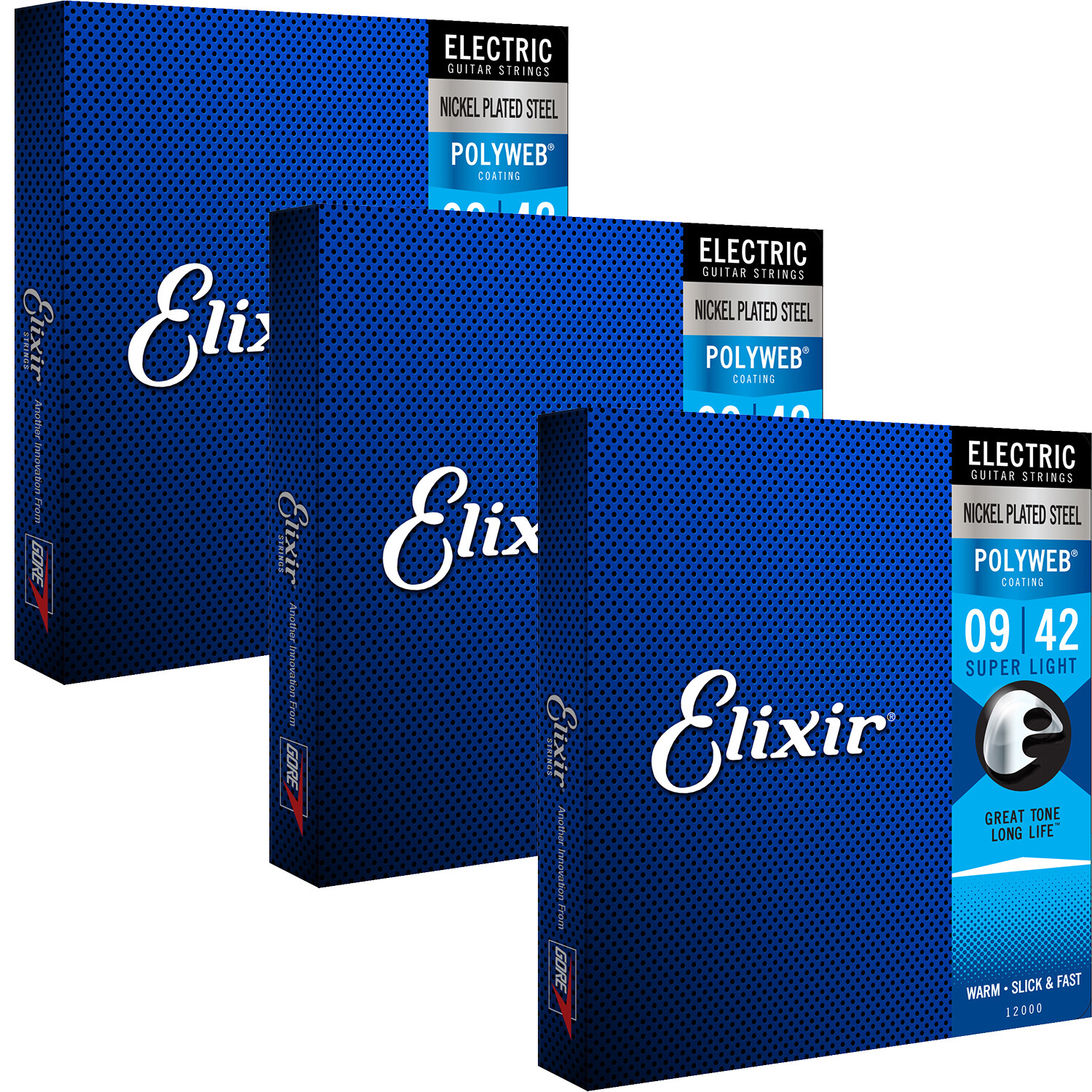 3 Sets Elixir 12000 Electric Nickel POLYWEB Guitar Strings 9-42