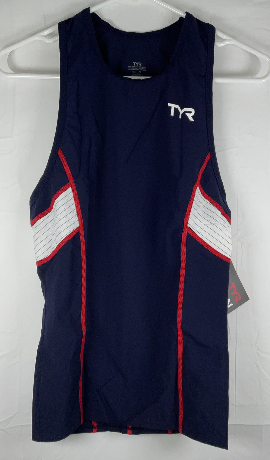 NWT Men’s TYR Carbon Triathlon Tank SPF50 Stretch Compression Navy Red White XS
