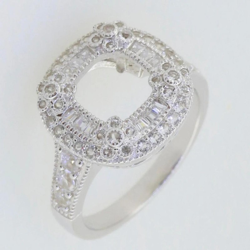 925 Sterling Silver 7x7mm Cushion Cut Semi Mount Ring Art Deco Baguette Halo