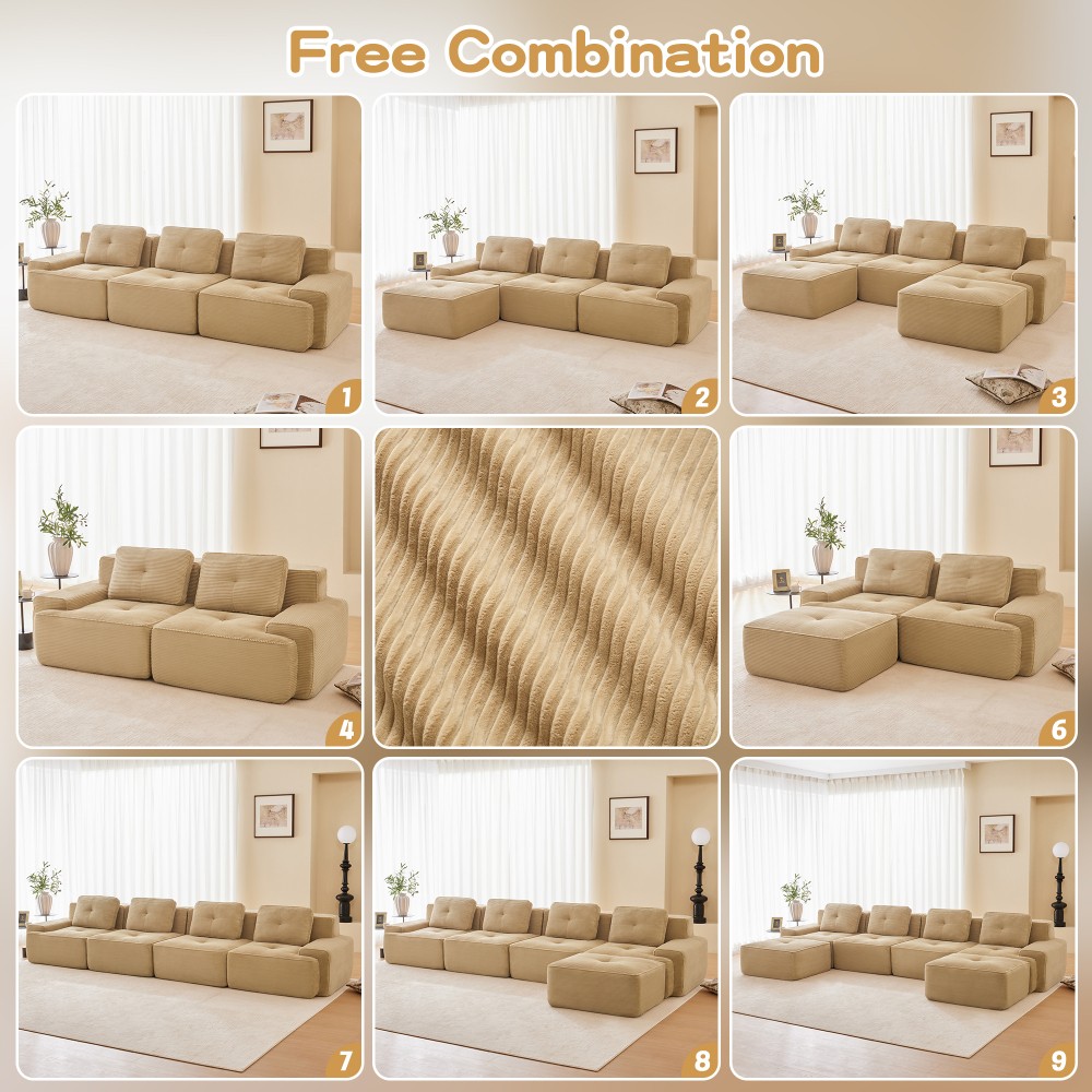 82" L-Shaped Modular Sectional Sofa w/ Ottoman, Corduroy, Camel