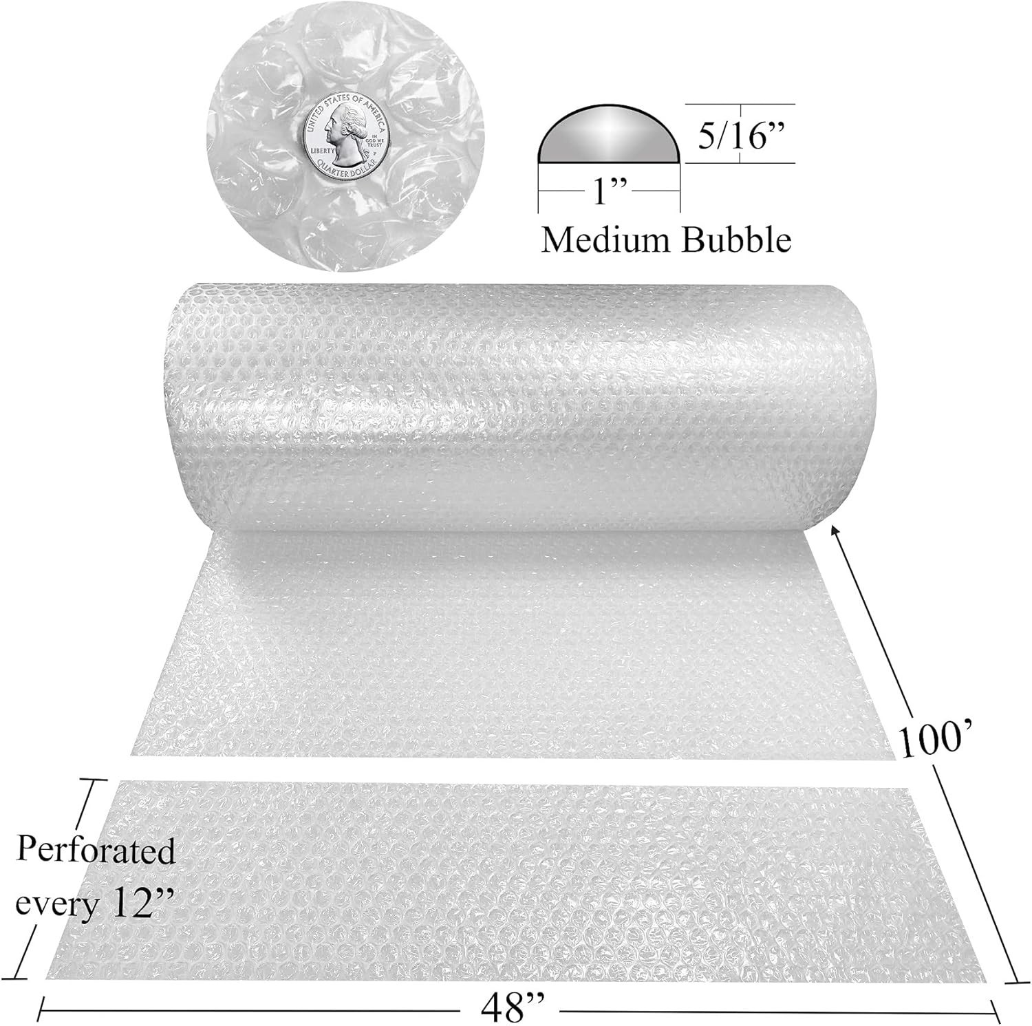 Bubble Cushioning Wrap Roll 48" Wide x 100 ft - Medium Bubbles 5/16", Clear