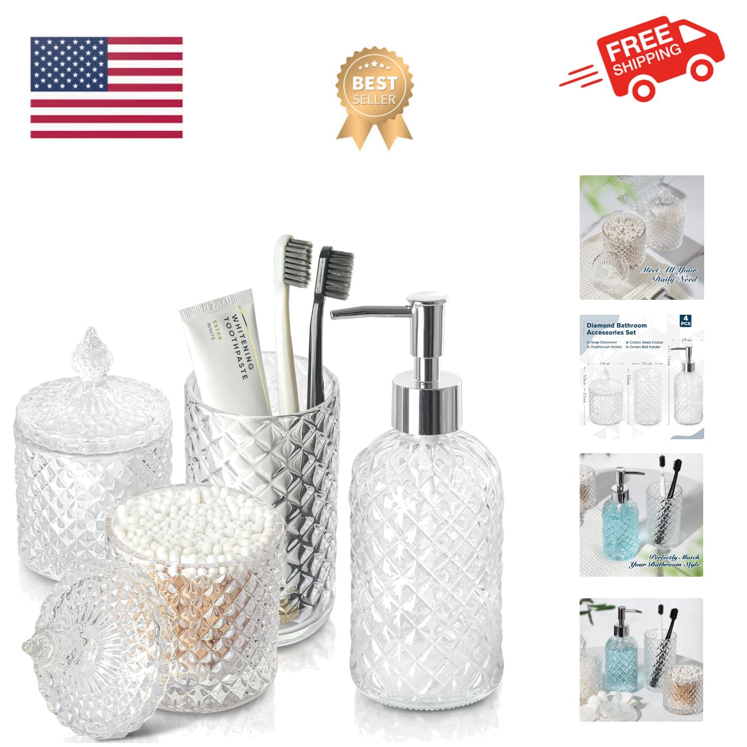 Bathroom Accessories Set, 4 Pack Clear Glass Bath Accessory Sets Complete, Di...