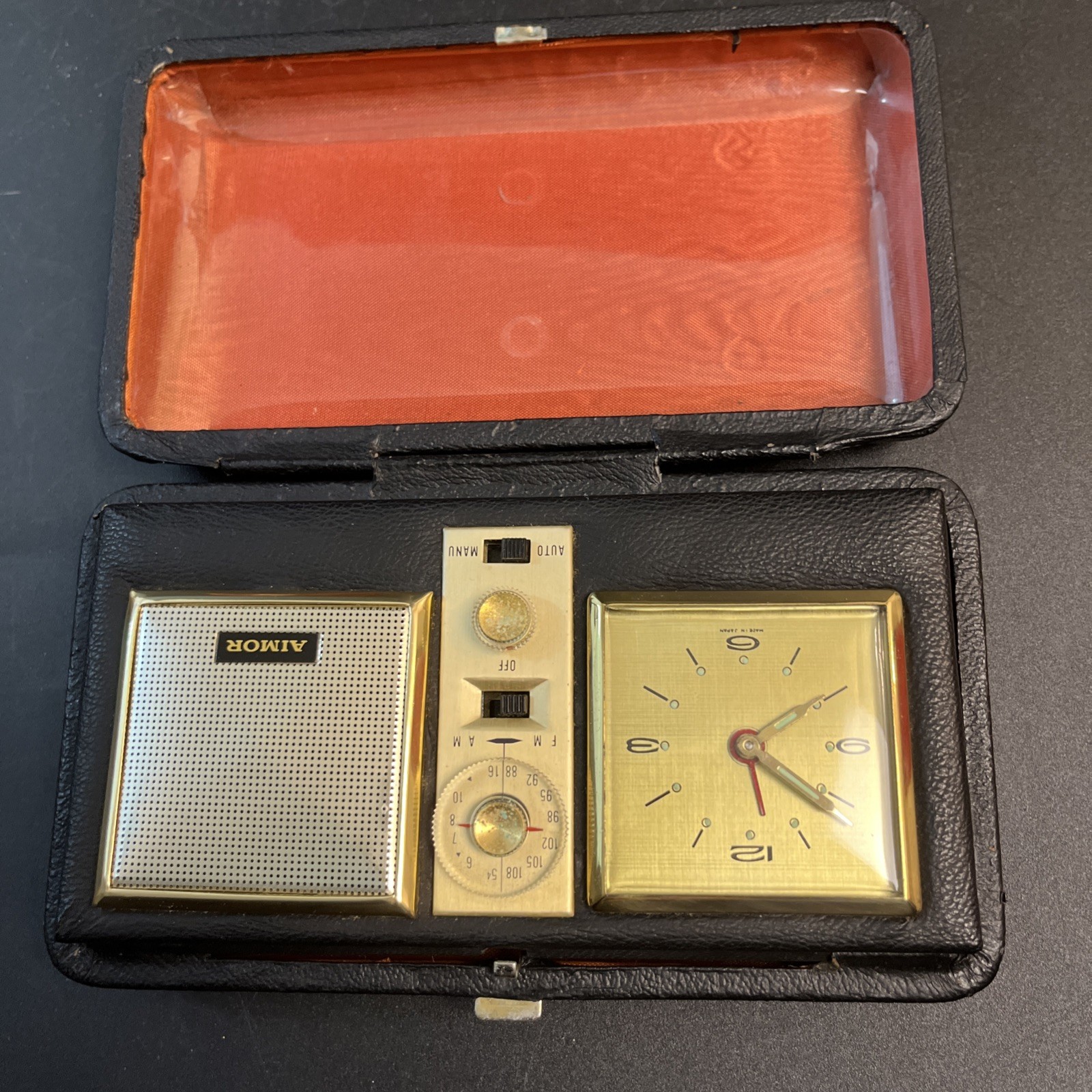 Vintage AIMOR Travel Alarm Clock Radio #103 in Leather Case-Parts/repair-Japan