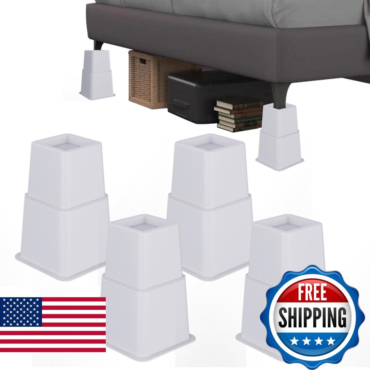 Demiwise Heavy Duty 8 inch Bed Risers Set of 4 Adjustable White