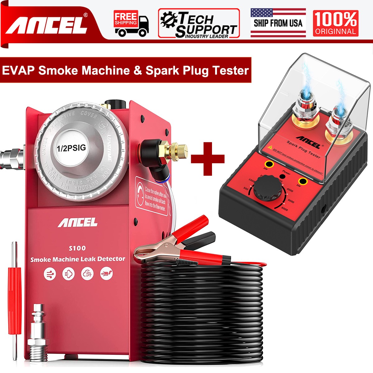 Car EVAP Smoke Machine & Spark Plug Tester Dual Hole Ignition Diagnostic Tool