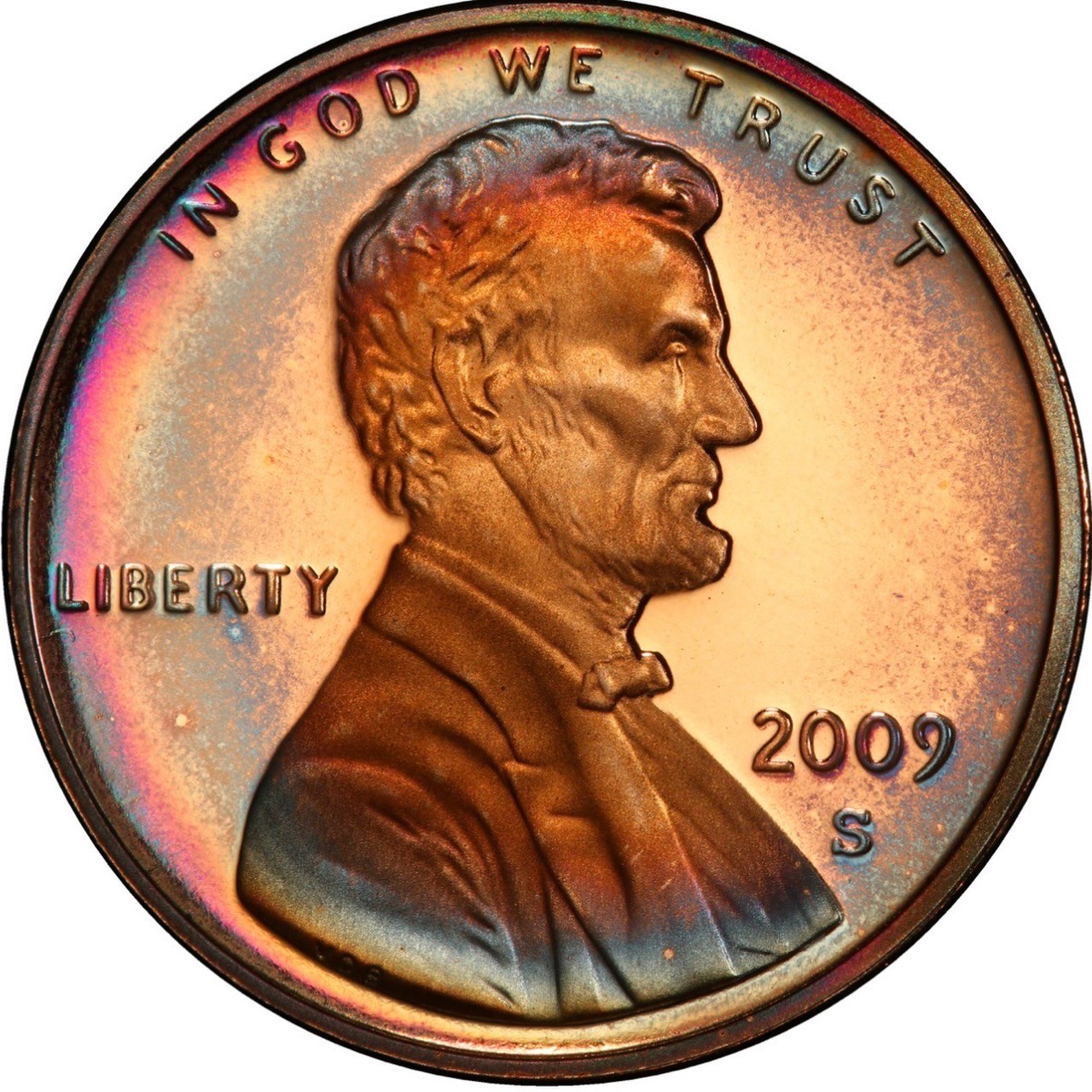 PR68RD 2009-S 1C Lincoln-Presidency Proof Cent, PCGS Trueview- Rainbow Toned