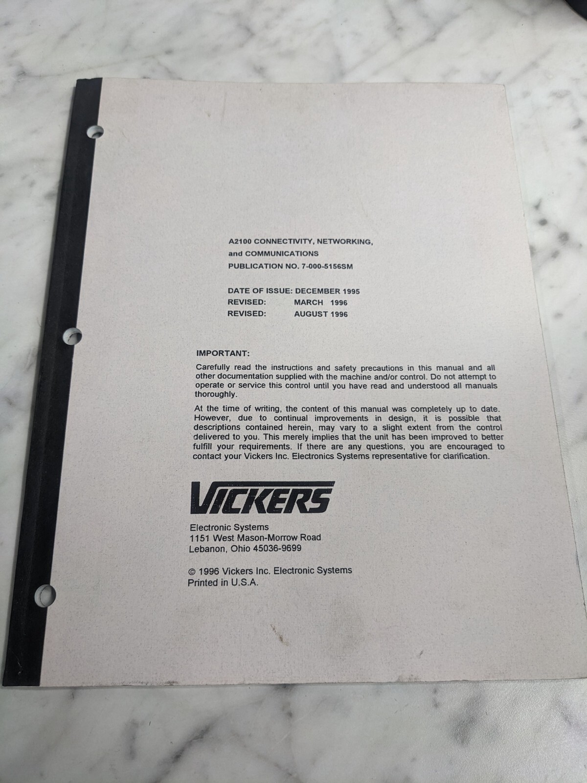 VICKERS SYSTEMS A2100 CONNECTIVITY NETWORKING COMMUNICATIONS OPERATOR MANUAL