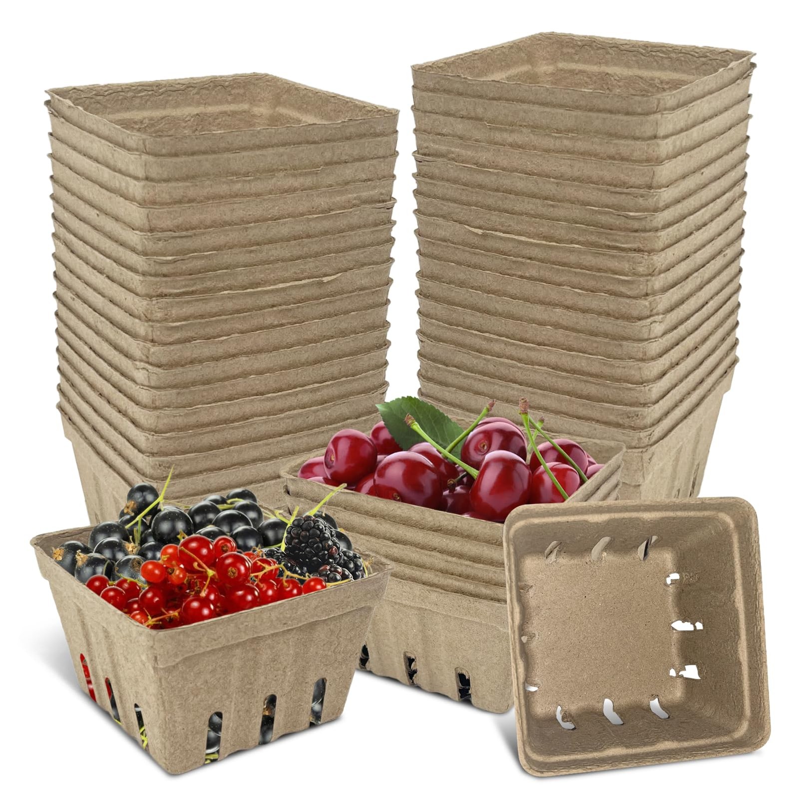 30 PCS Natural Pulp Fiber Berry Basket Vented 4.3x4.3x2.8 Inch Fruit Produce