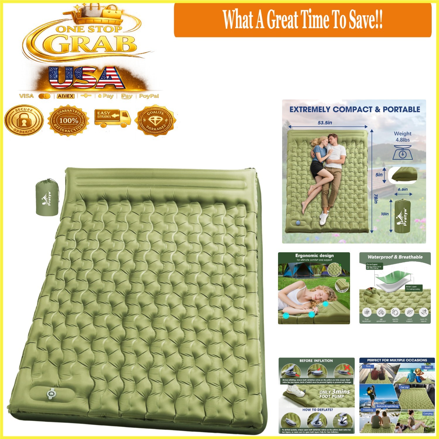 Double Camping Sleeping Pad 5 Inch Thick Self-Inflating Pillow Lightweight