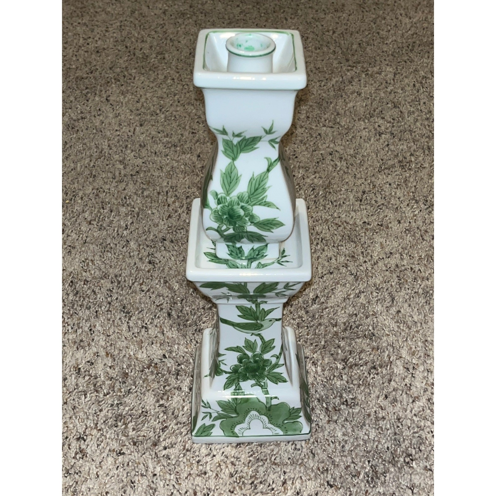 Original LJ White & Green Ceramic Candlestick Holder Japan Asian Floral RARE