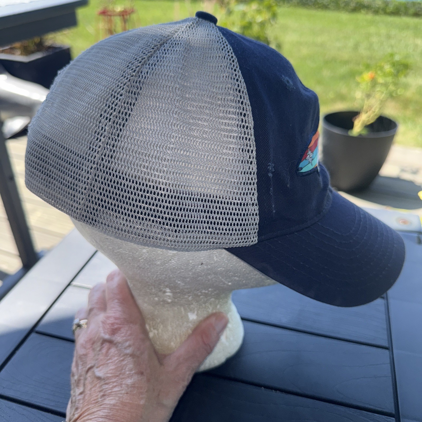 Fish MultiColor on Navy Hat Cap SnapBack, some distressed damage on Front.