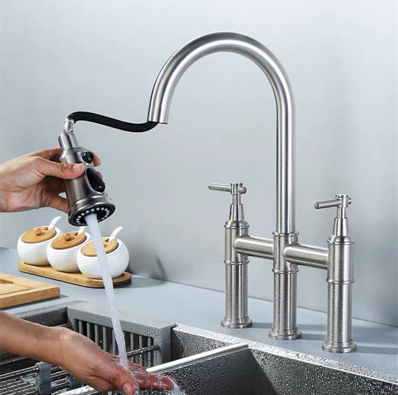 Two Handles Brushed Nickel Swivel Mixer Tap Brass Kitchen Pull Out Bridge Faucet