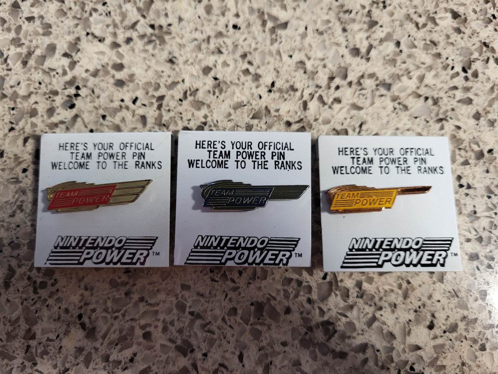 NINTENDO TEAM POWER Pins, Rare Full Set of Gold, Silver & Bronze. NOS