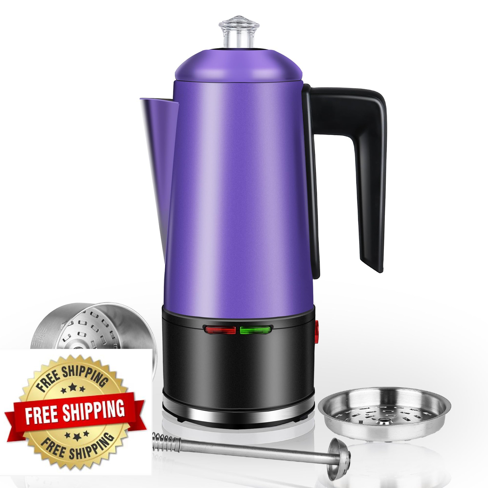 HOMOKUS Electric Coffee Percolator 12 Cups Stainless Steel Pot with Clear Knob