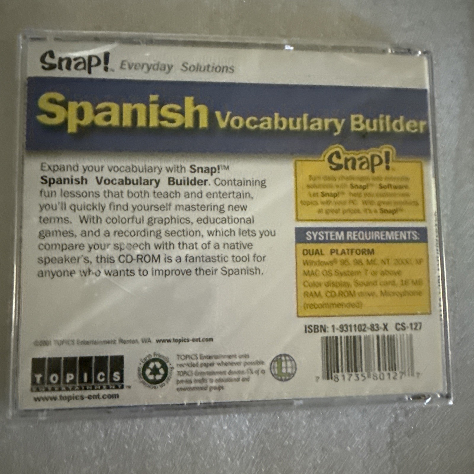 Spanish Vocabulary Builder CD-ROM Snap! 2001 Mac PC Language Learning New Sealed