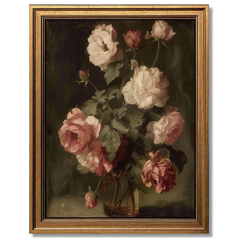 Gold Framed Wall Art Vintage Flower Vase Painting 12"L x 9.5"W, flower vase