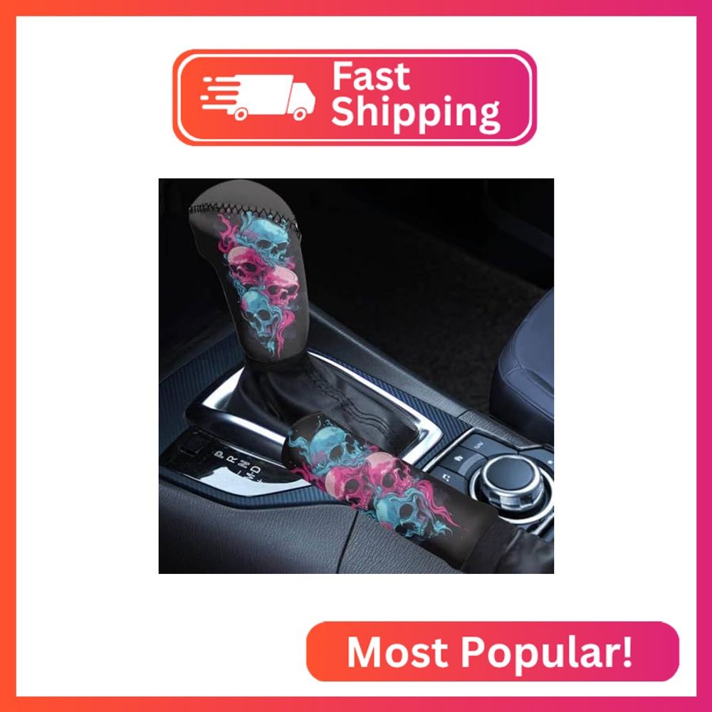 STUOARTE 2 Pieces Skull Printed Car Handbrake Cover and Gear Shift Cover Sets fo