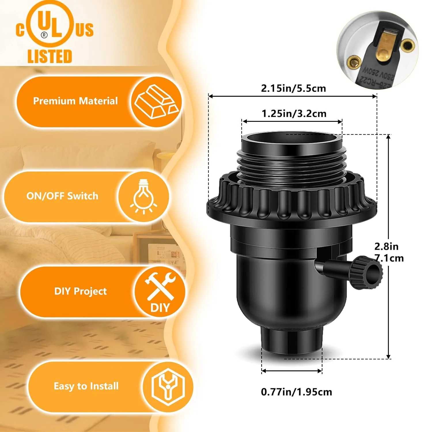 Listed E26 Light Socket, Threaded Lamp Socket Replacement with On/Off Switch