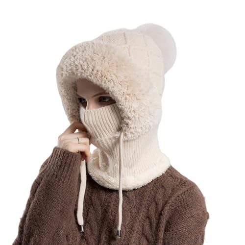 4 in 1 Beanie Hat Scarf and Mask, Knitted Balaclava Hats, Windproof One Beige