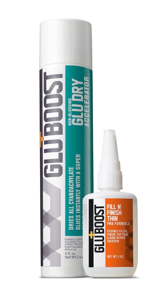 Combo Pack -GluBoost Fill N' Finish Thin - Gludry Accelerator  2 Ounces CA Glue