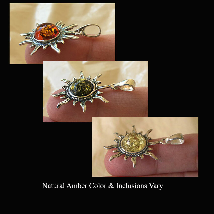 BALTIC HONEY or GREEN WITH INCLUSIONS AMBER STERLING SILVER HANDMADE SUN PENDANT