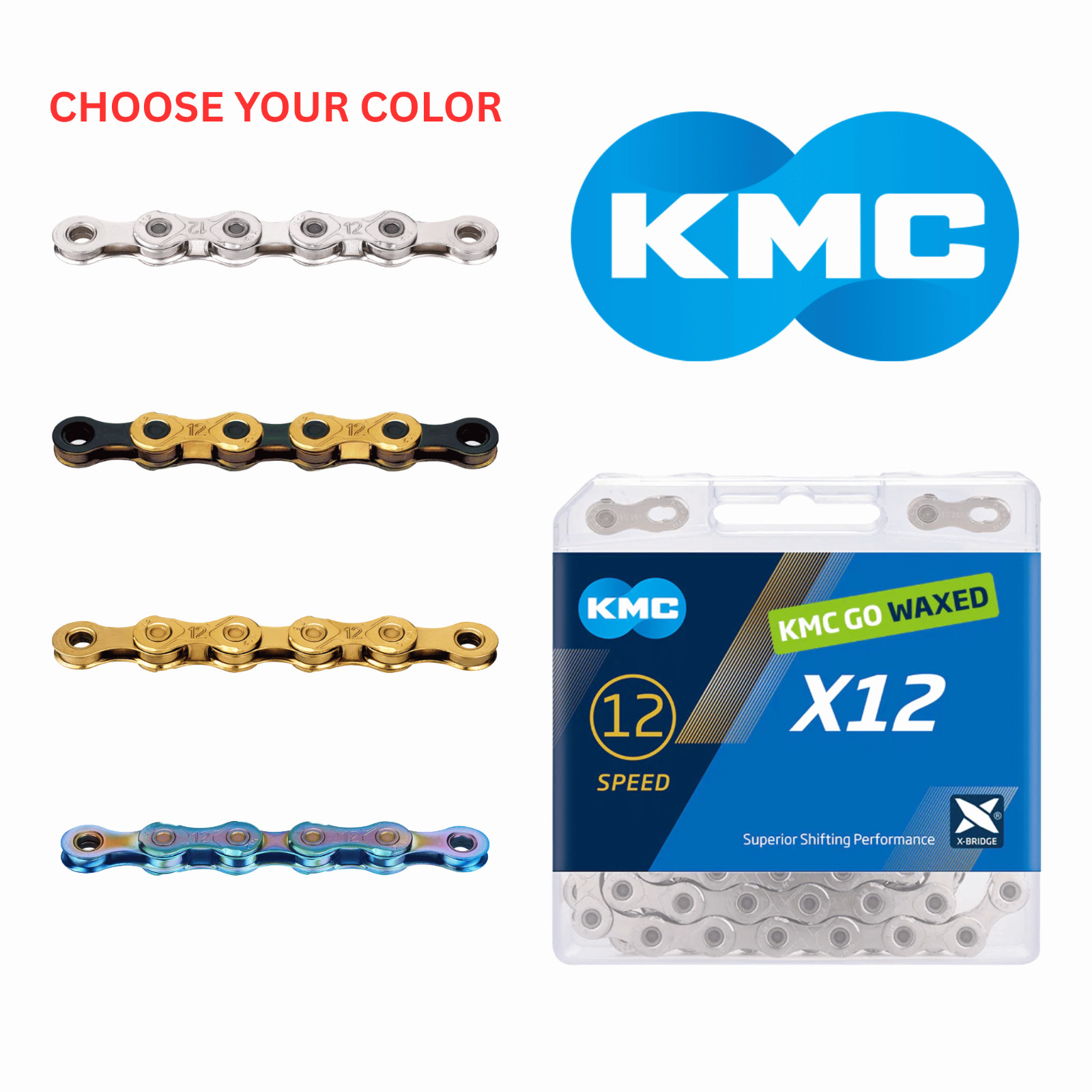 KMC X12 12-Speed Waxed Chain 126L - Silver/Gold-Black/Gold/Aurora