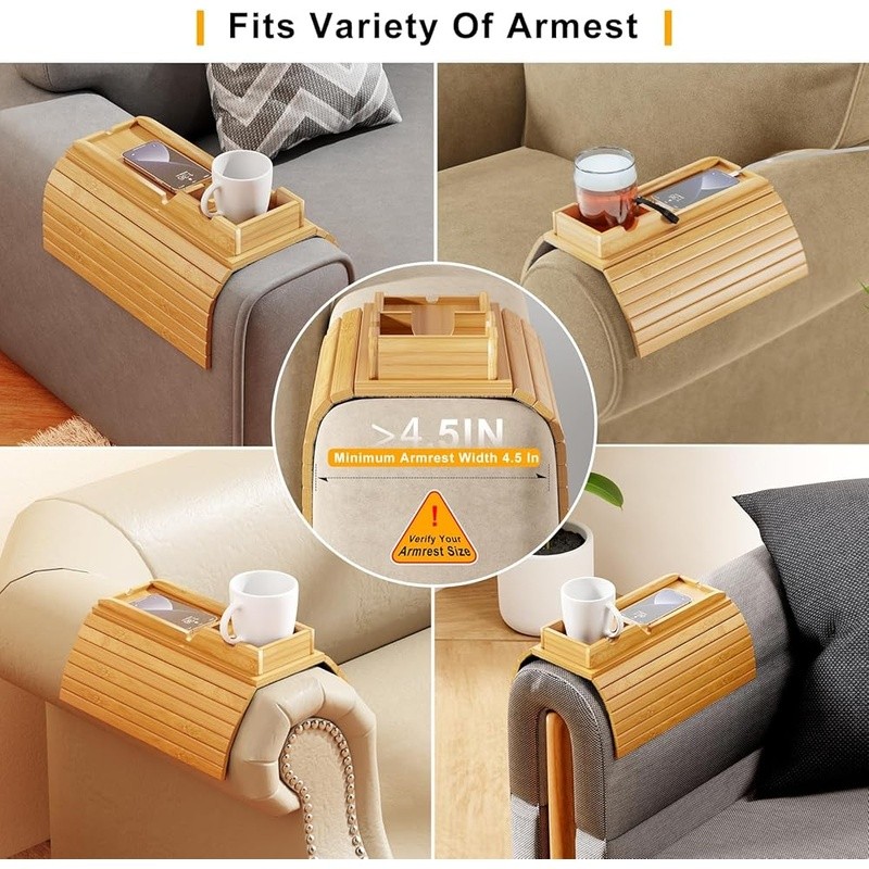 Bamboo Sofa Armrest Tray 2 in 1 Detachable Cup Holder Non-Slip Couch Organizer