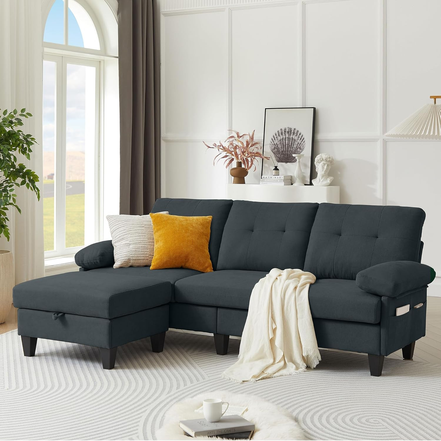 85" L-Shaped Convertible Sofa with Storage Ottoman in Dark Grey
