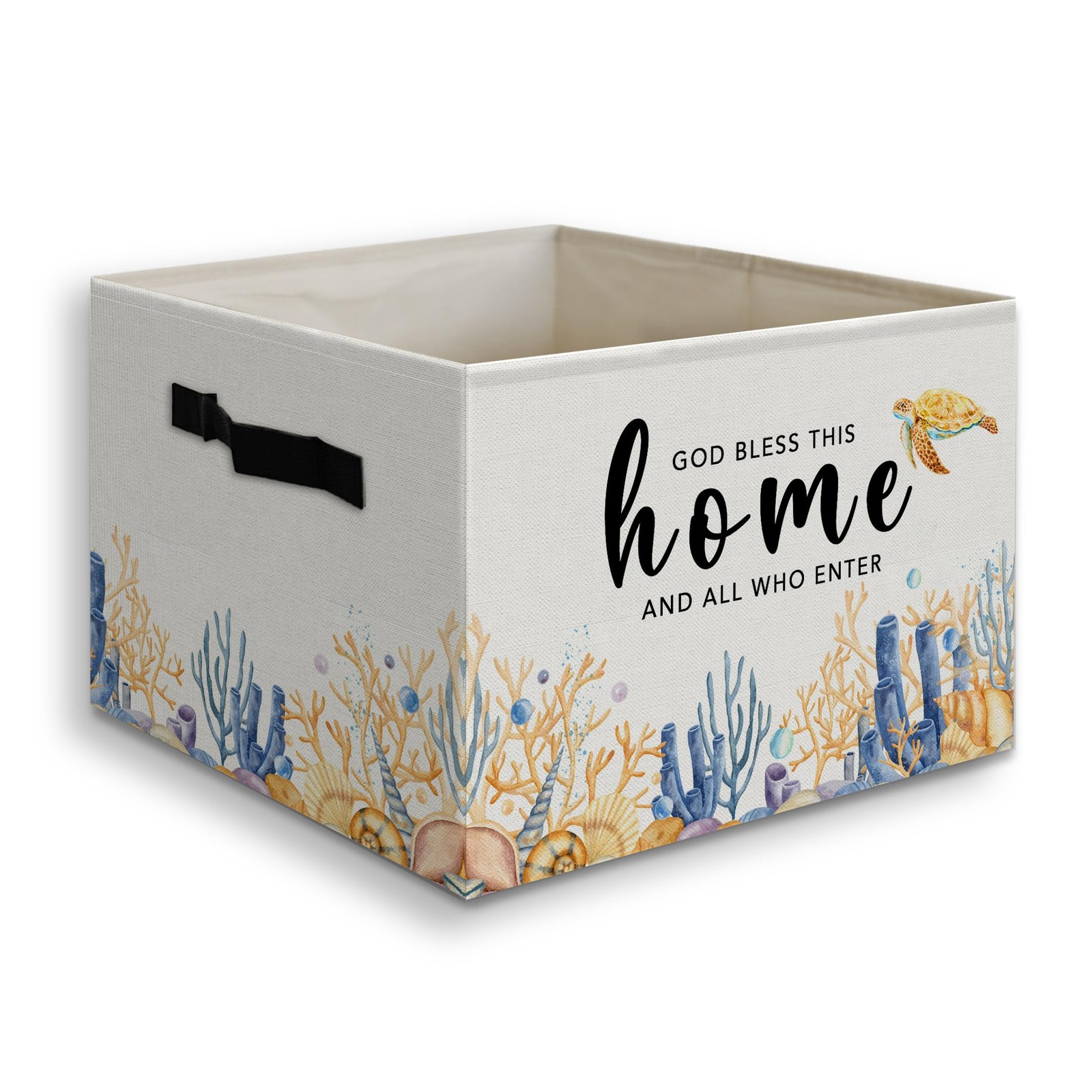 Christian Coastal Beach Sea Turtle Foldable Storage Bins Box with Handles, Go...