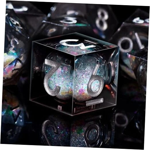 Liquid Core DND Dice Set, 7-Die Sharp Edge Polyhedral Dice Black, Silver