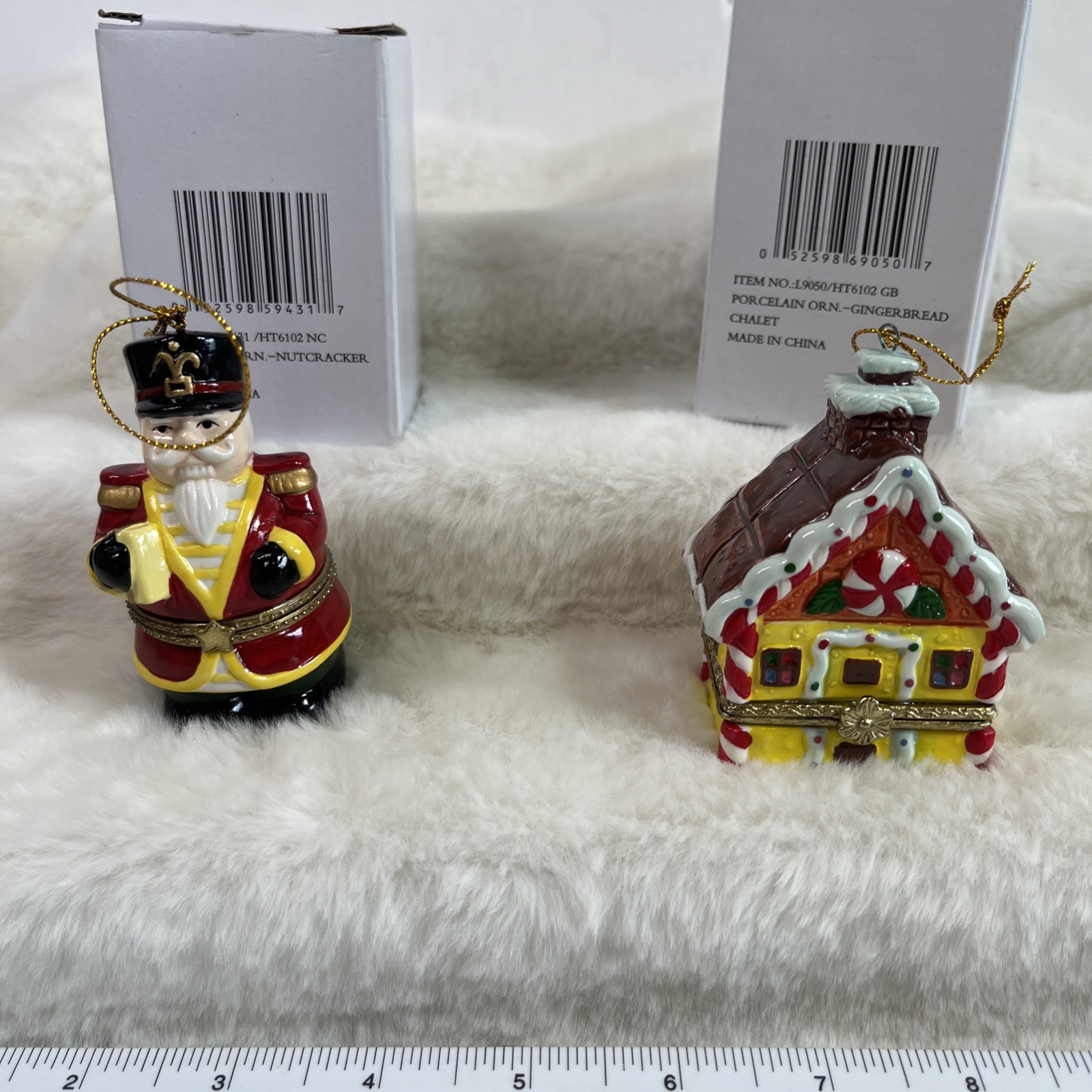 Pair Of Porcelain Orn. Hinged Christmas Trinket Boxes Nutcracker, Gingerbread