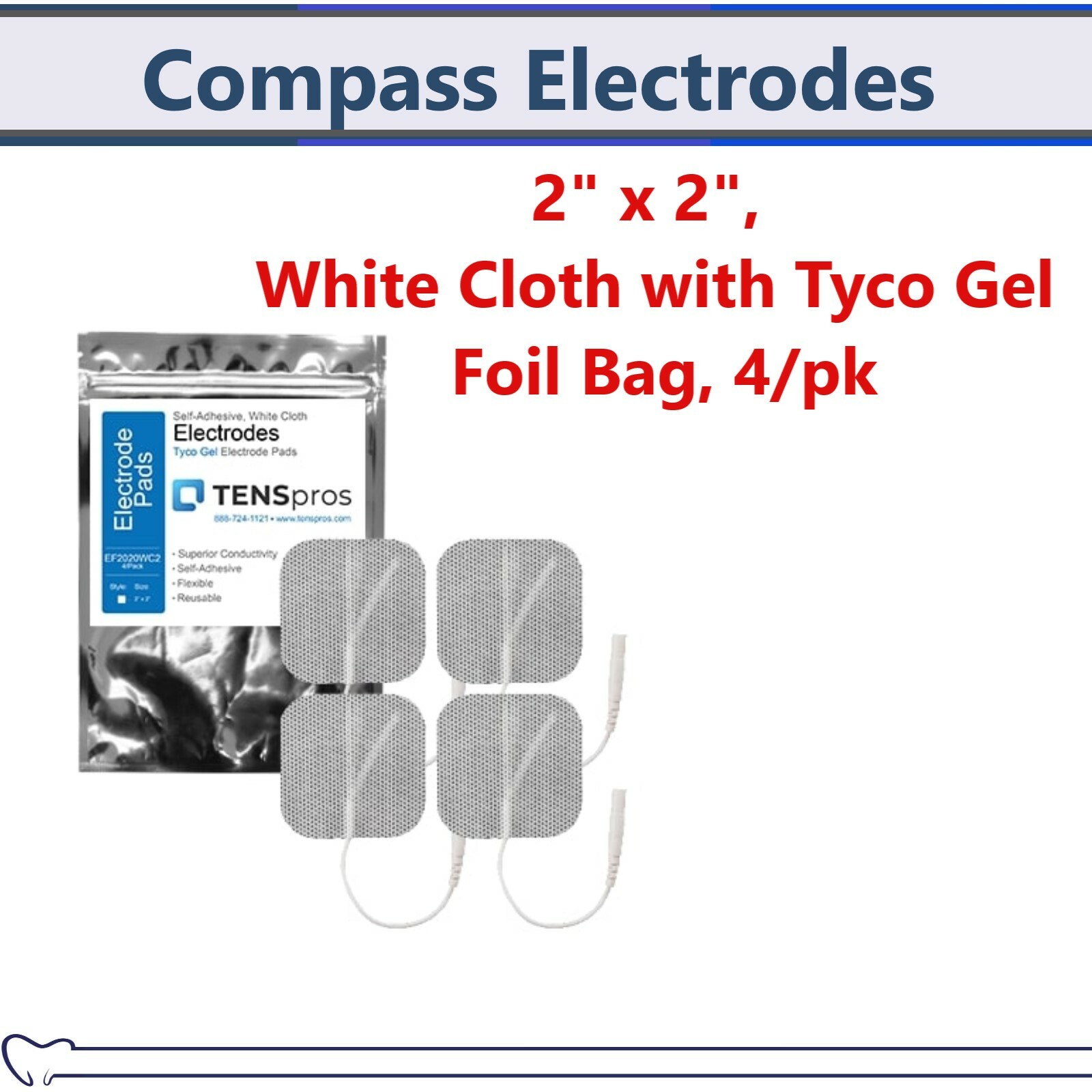 Self-Adhesive Electrodes, 2" x 2" White Cloth with Tyco Gel Foil Pouch, 4-20/Pk