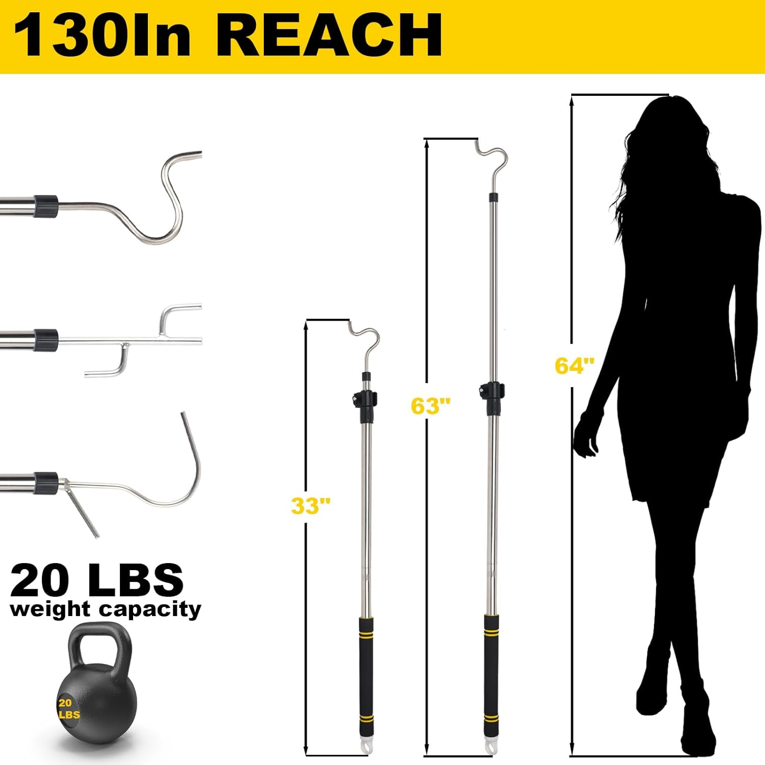 Clothes Hook Pole, High Reach Garment Hook 38“ - 63” Telescoping Pole with 3 Hoo