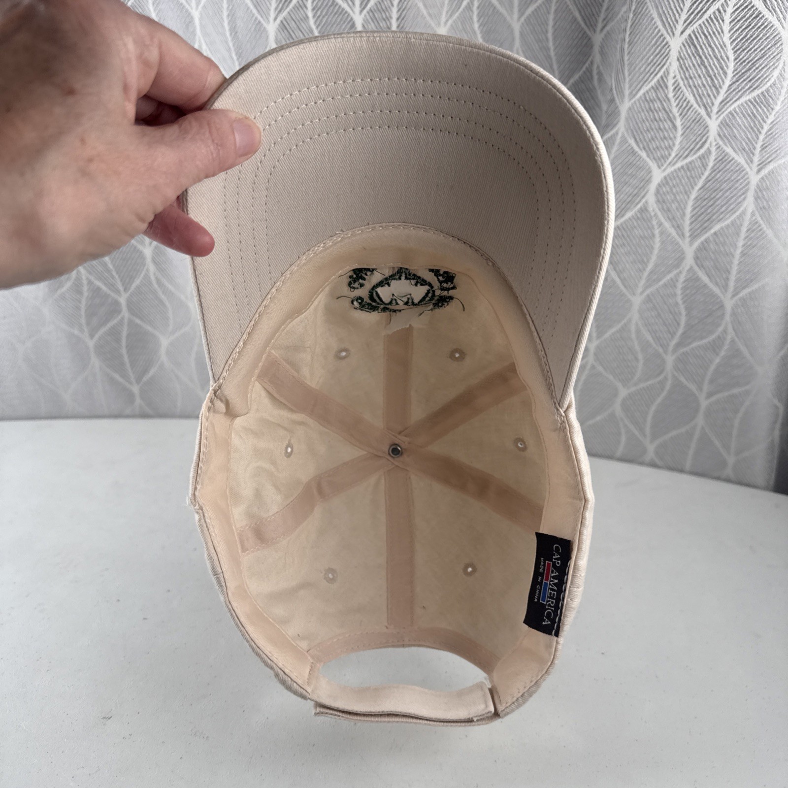 Camp Evergreen w Forest Logo in Green on Off White Cotton hat Cap Hook Loop