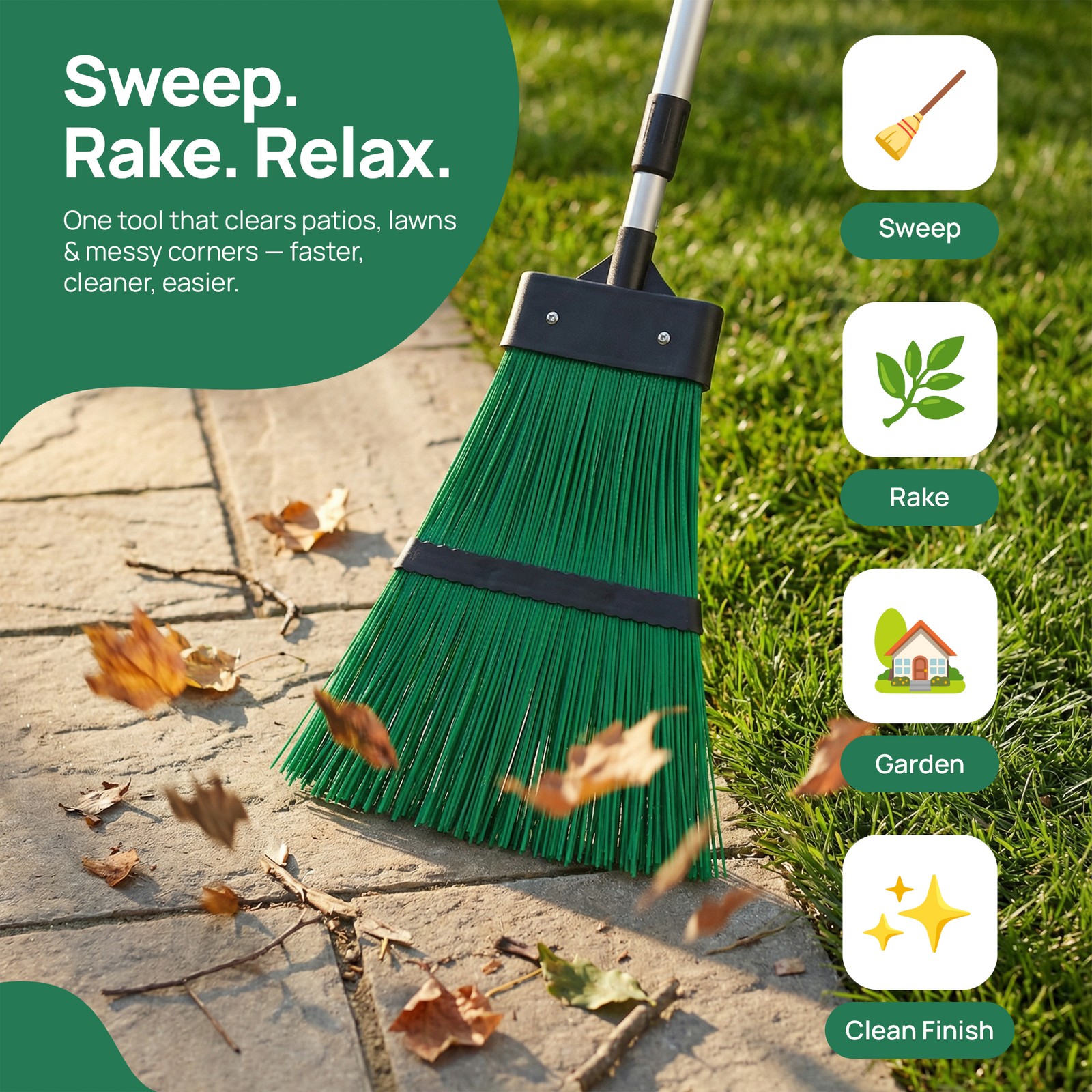 Extendable Long Handle Garden Leaf Broom Cleaning Tool for Leaves Grass & Debris