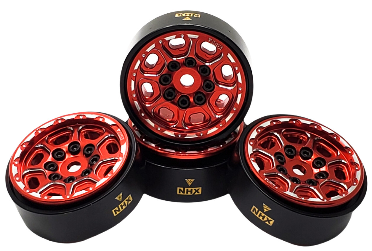 NEW NHX RC 1.0" 8H Alum Beadlock Crawler Wheels Rims Red (4) with Brass Weight