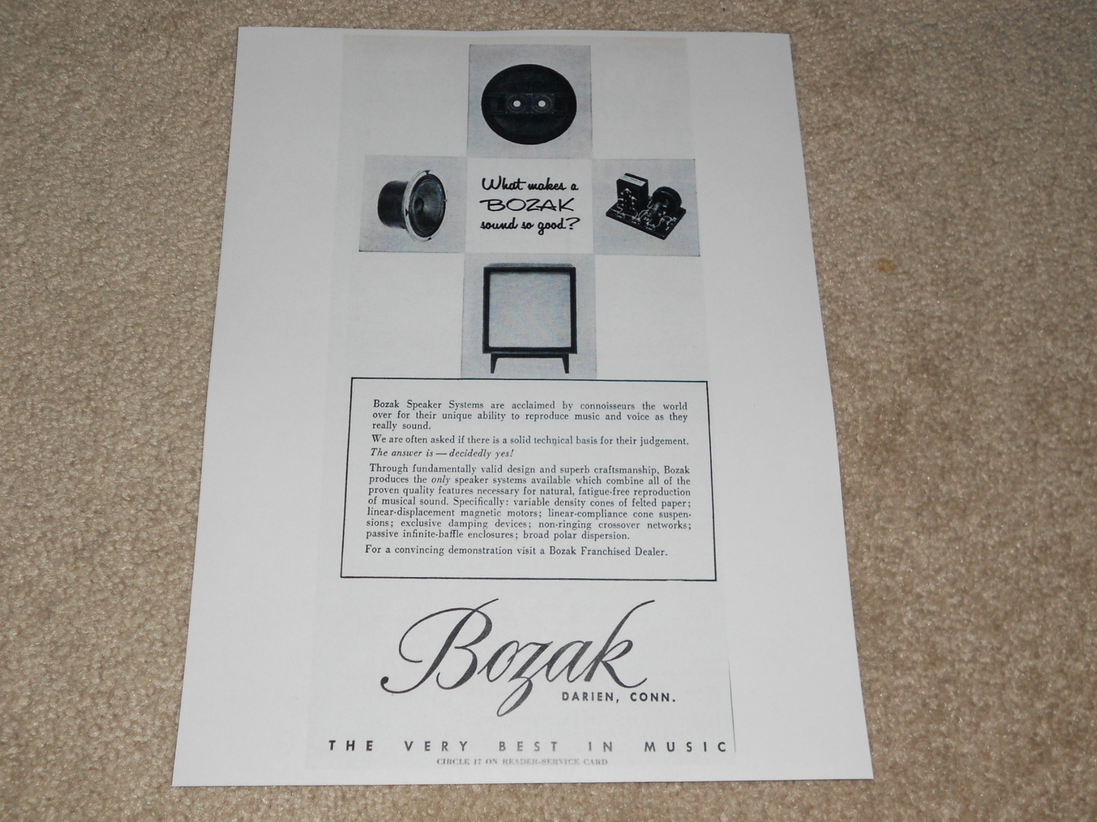 Bozak Speaker Ad, 1957, 1 pg, Article, Very Rare! Frame This Ad!
