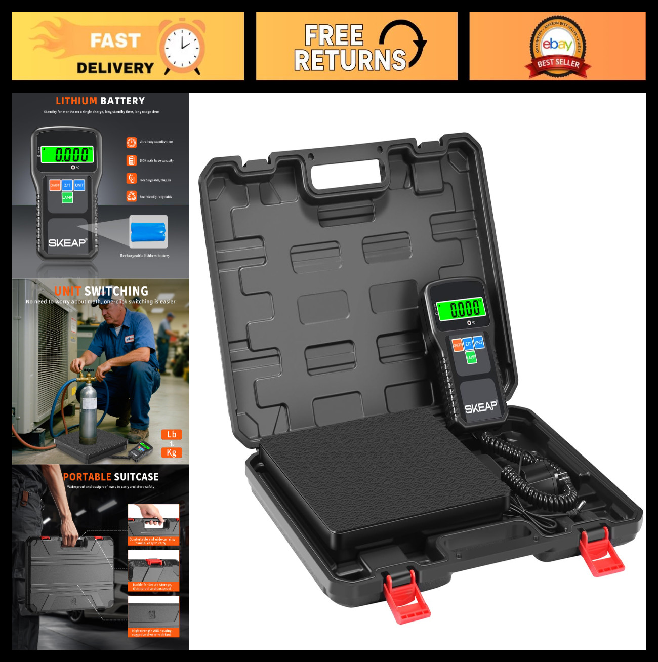 High Precision Refrigerant Scale 0.01lbs Accuracy, 155lbs Capacity, LCD Display,