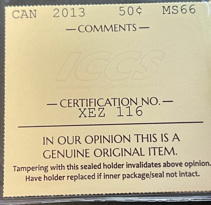 2013 Canada 50 Cents Certified ICCS MS-66