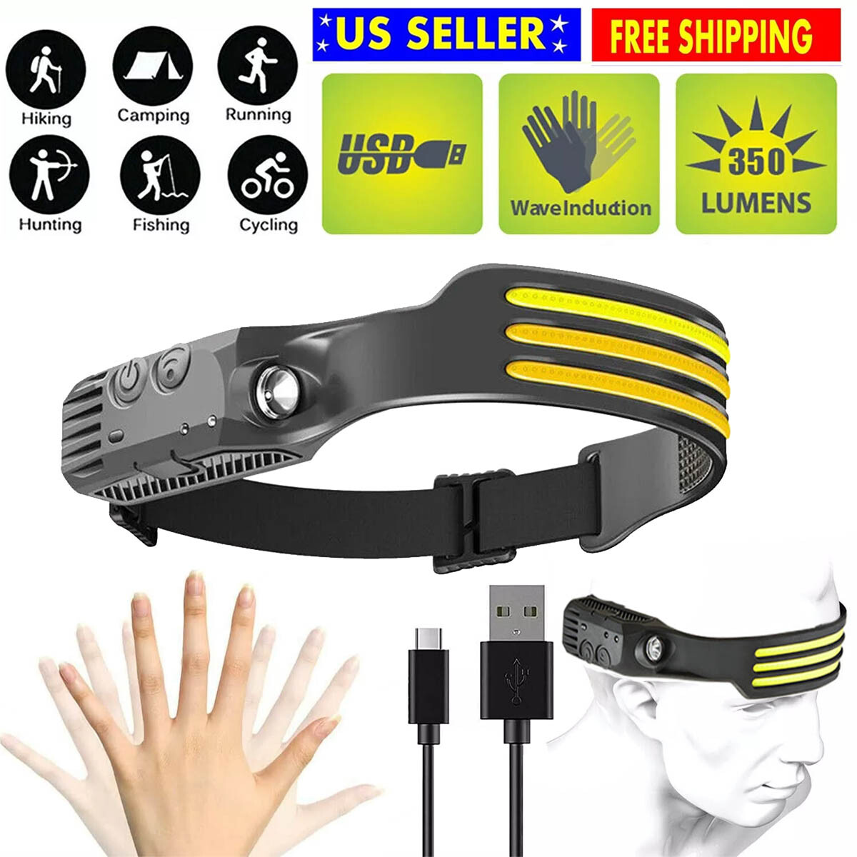 IPX4 Waterproof COB Headlamp Night Buddy LED Sensor Head Torch Headlight Lamp
