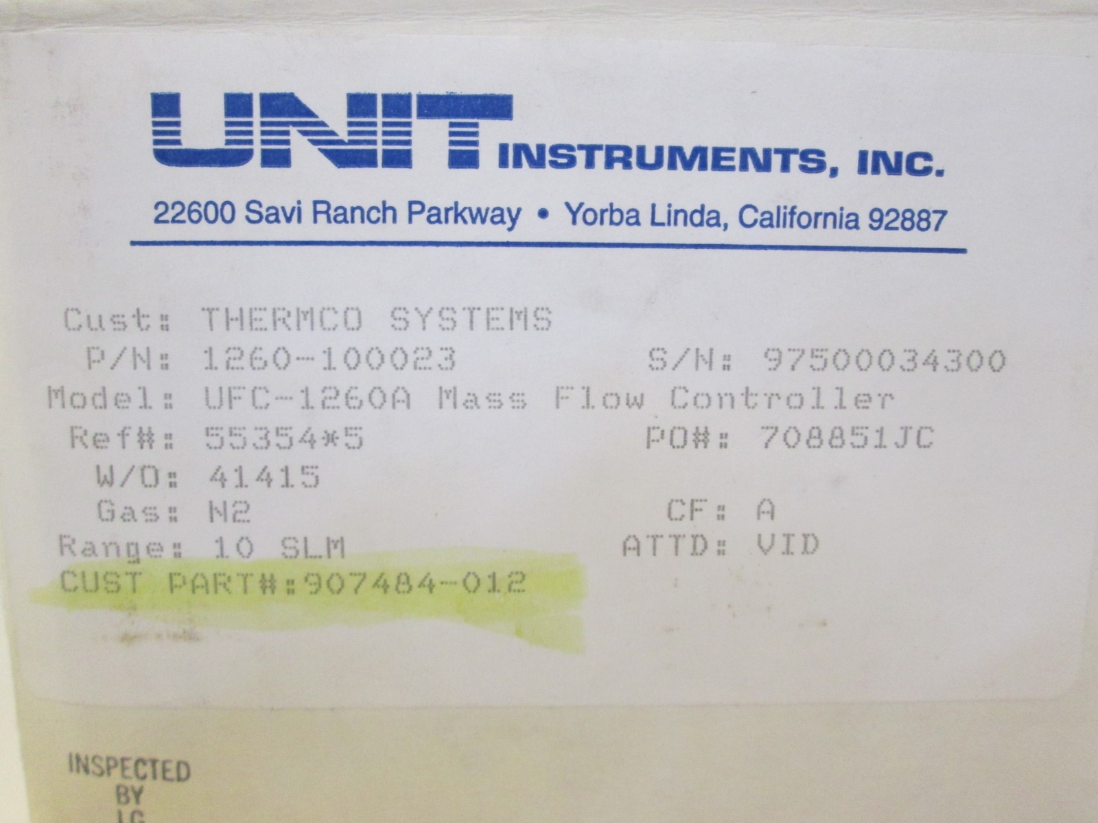 Unit UFC-1260A Mass Flow Controller MFC, N2, 10SLM, 1/4" Male