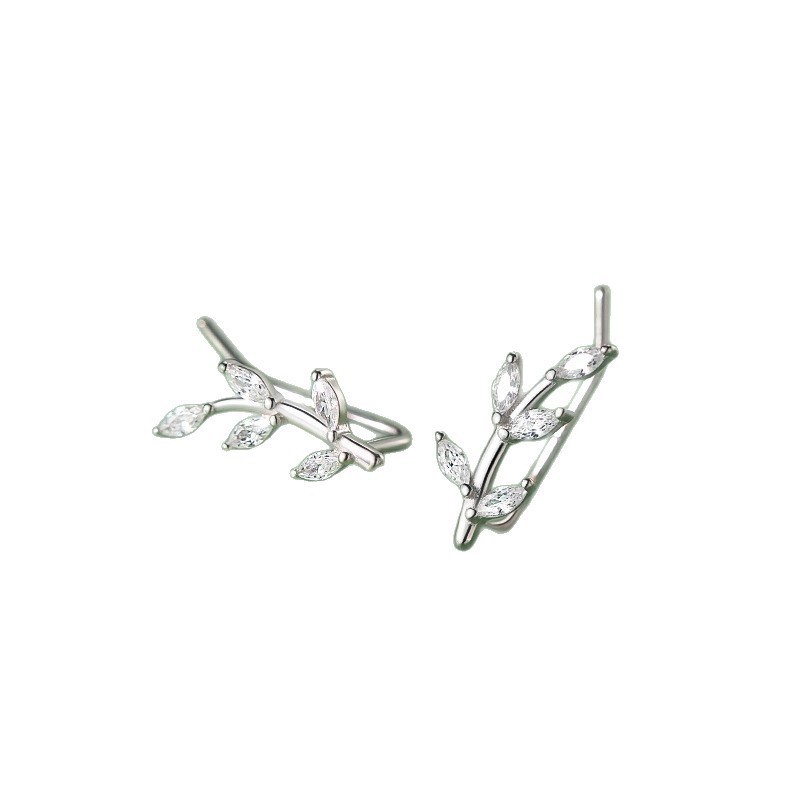 Shiny CZ Leaves Vine Sterling Silver Post Hoop Earrings Ear Climber Crawler H18