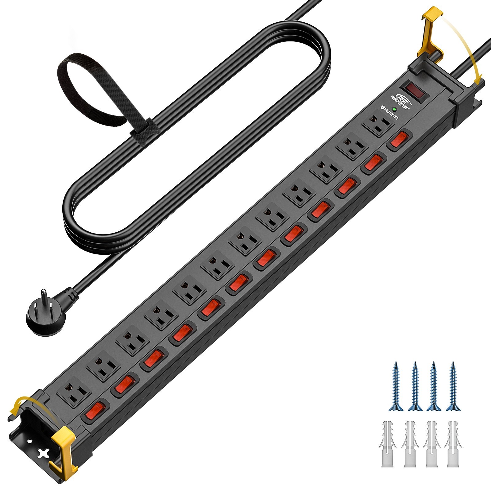 6-12 Outlet Individually switched Metal Power Strip,9FT Cord/14AWG/15AmP/1875W