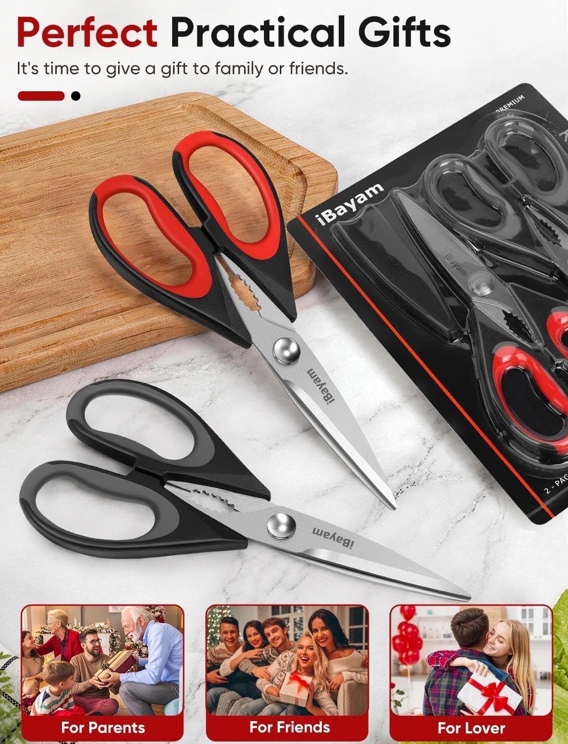 iBayam Kitchen Scissors Shears All Purpose 2-Pack, Black Red, Gray