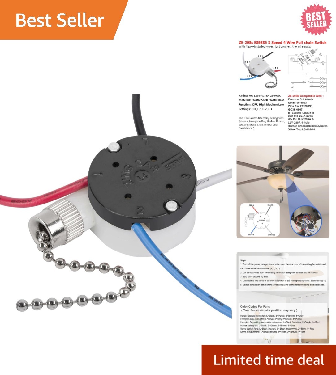 Upgrade Your Ceiling Fan with a 3-Speed 4-Wire Pull Chain Switch - Nickel Finish