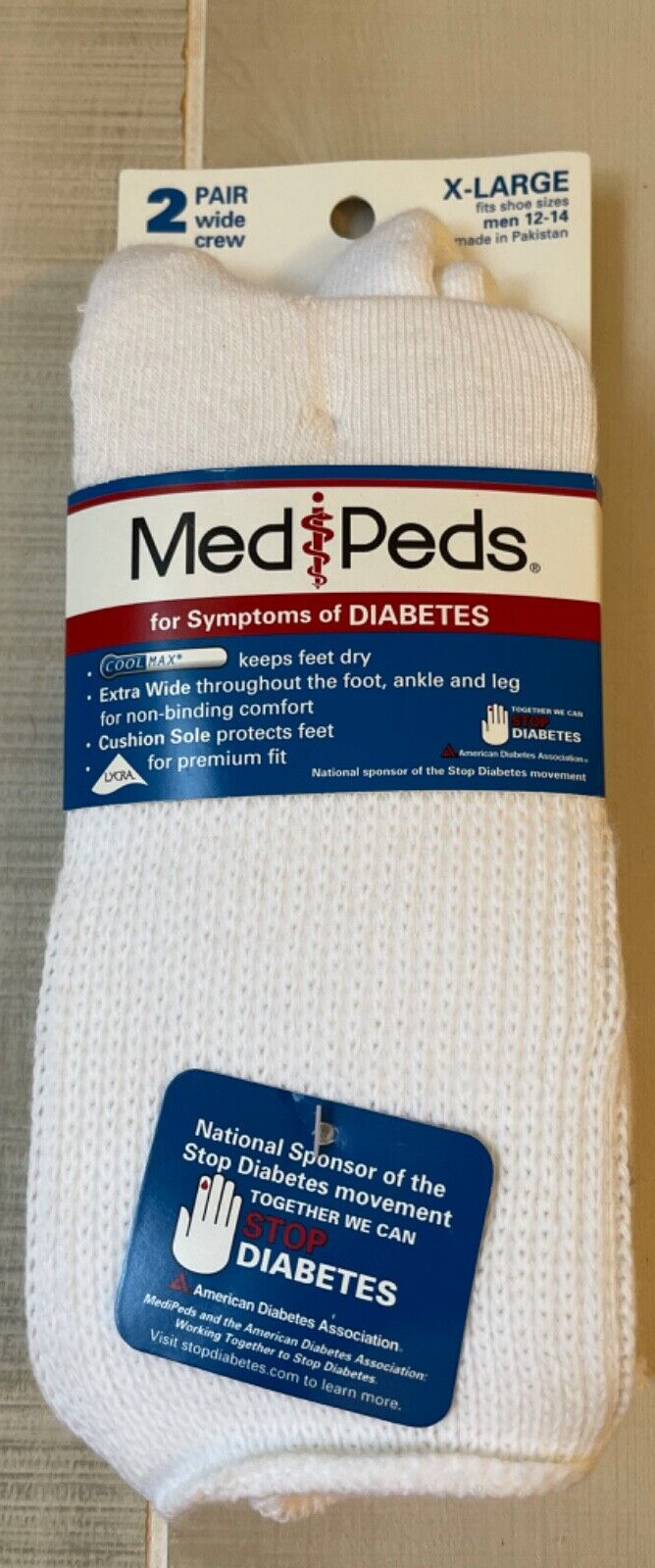 Med Peds for symptoms of Diabetes 2 pair wide crew X-Large men 12-14 NEW white