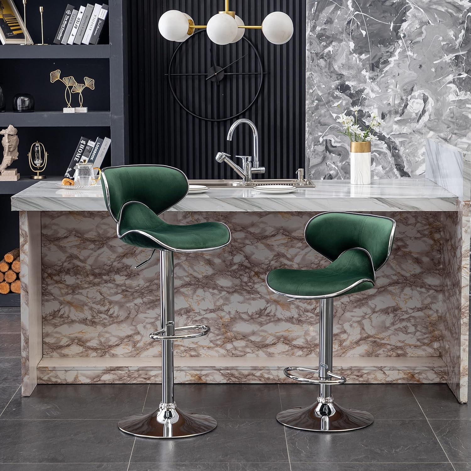 Velvet Upholstered Adjustable Swivel Barstool Set of 2 Green