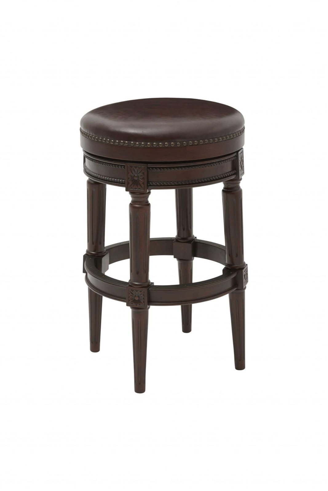 31 Wood Brown Faux Leather And Solid Wood Swivel Backless Counter Height Bar