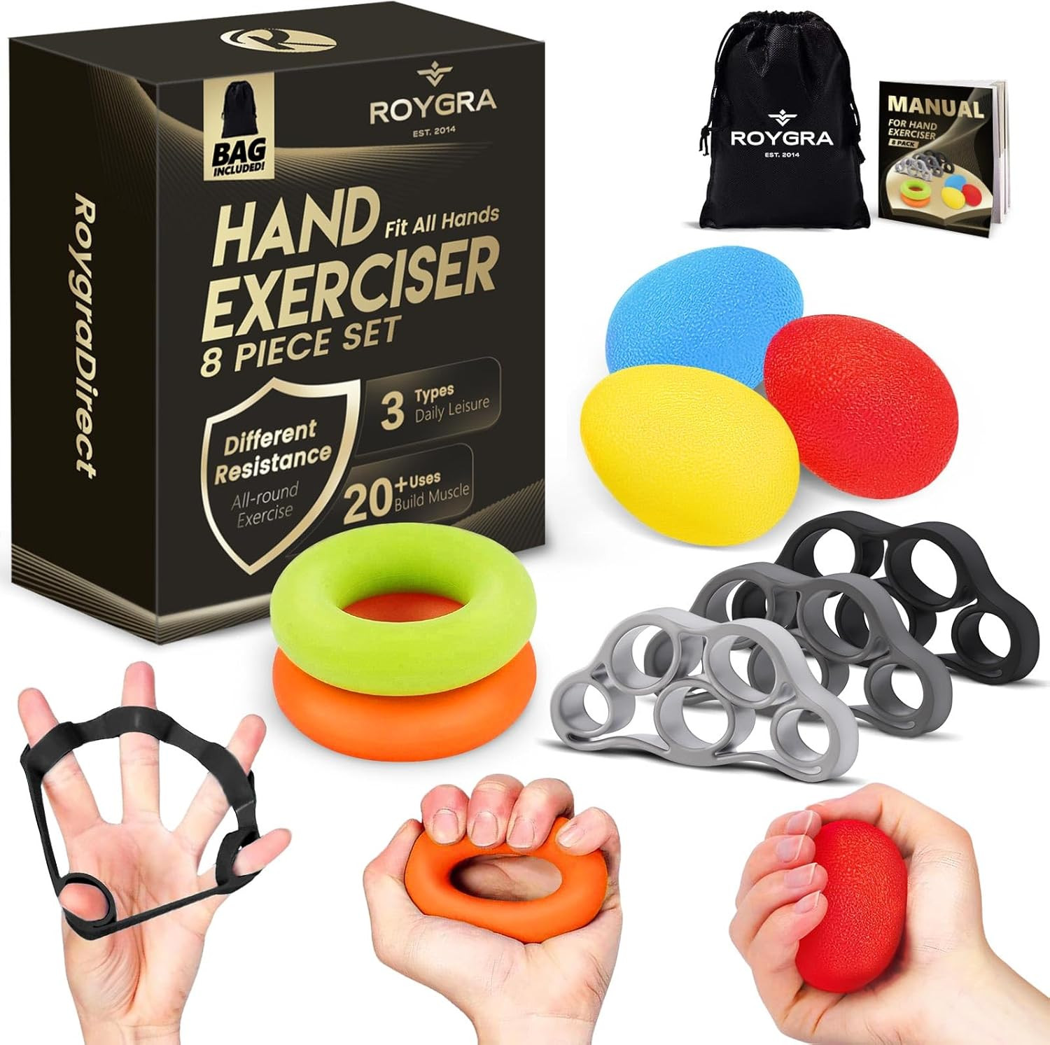 Grip Strength Trainer (8 Pack), Forearm Strengthener, Stress Balls for Adults, H
